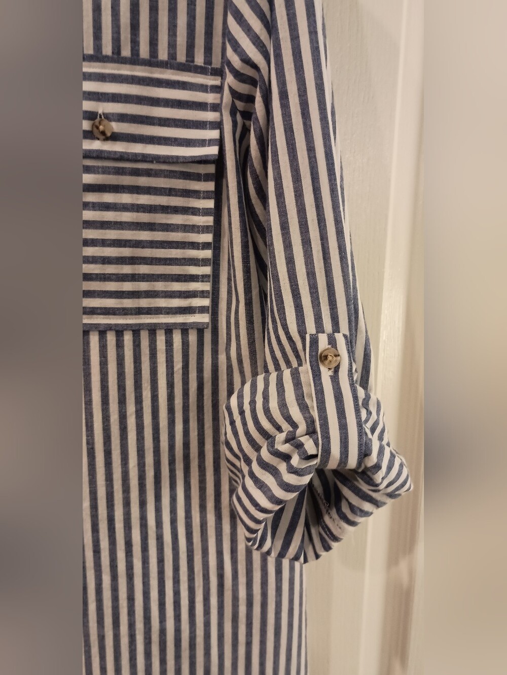 Eden & Olivia Navy and White Striped Button-Down Shirt - Picture 14 of 16